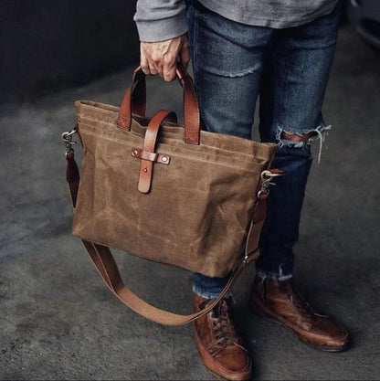 Borsa da Lavoro, Tela Cerata, Pelle, Tracolla Removibile-Modaso