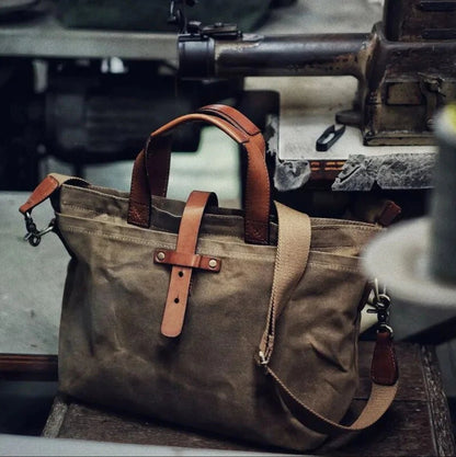 Borsa da Lavoro, Tela Cerata, Pelle, Tracolla Removibile-Modaso