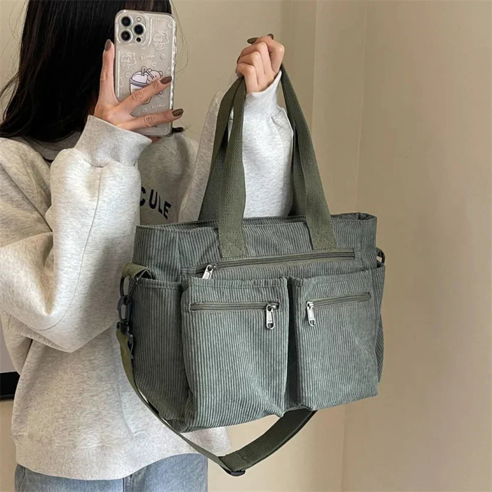 Borsa Donna Grande, Velluto a Coste, Multitasche, Tracolla Removibile-Modaso
