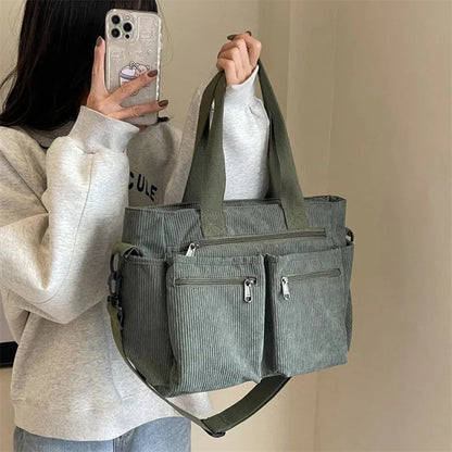 Borsa Donna Grande, Velluto a Coste, Multitasche, Tracolla Removibile-Modaso
