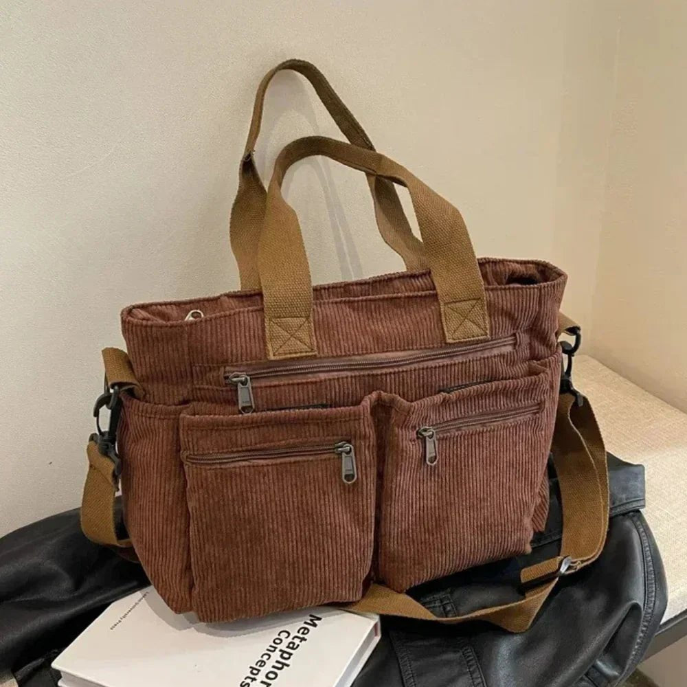 Borsa Donna Grande, Velluto a Coste, Multitasche, Tracolla Removibile-Modaso