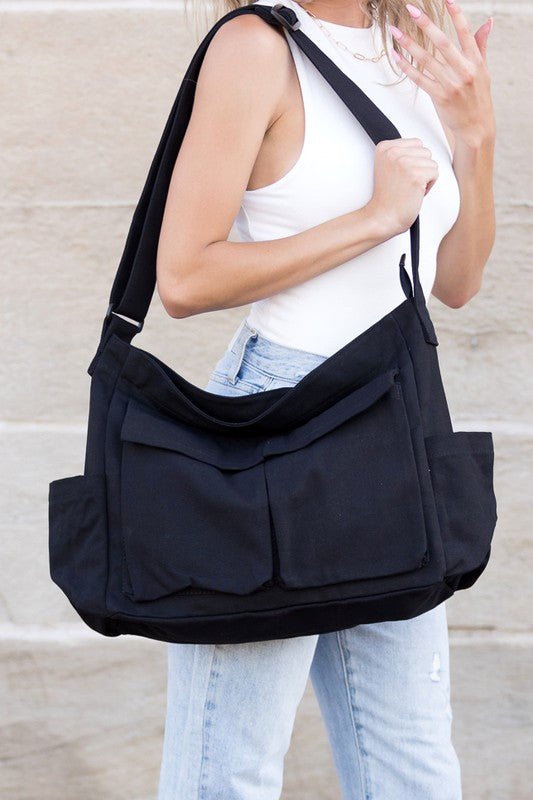 Borsa in Tela, Oversize, Tracolla Regolabile, Tasche Frontali-Modaso