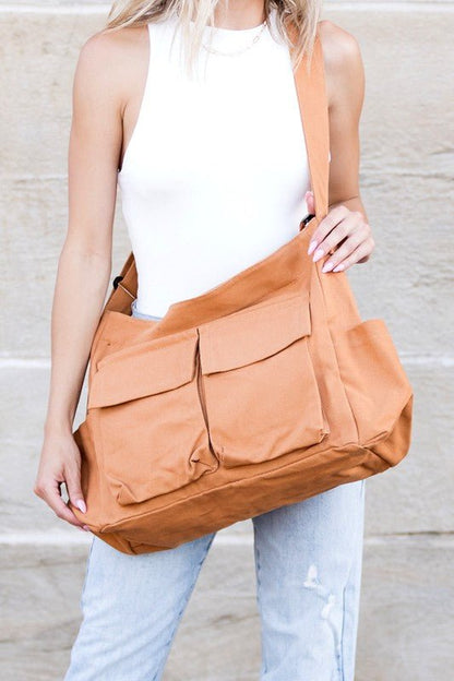 Borsa in Tela, Oversize, Tracolla Regolabile, Tasche Frontali-Modaso