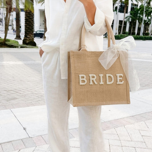 Borsa Sposa, Juta, Scritta in Perle, Fiocco-Modaso