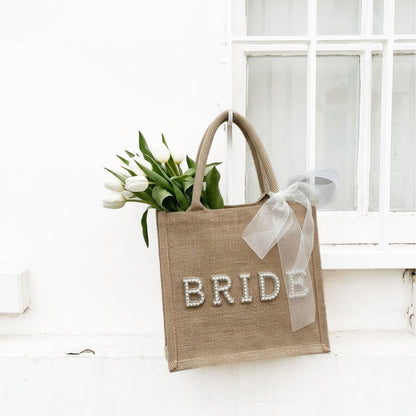 Borsa Sposa, Juta, Scritta in Perle, Fiocco-Modaso
