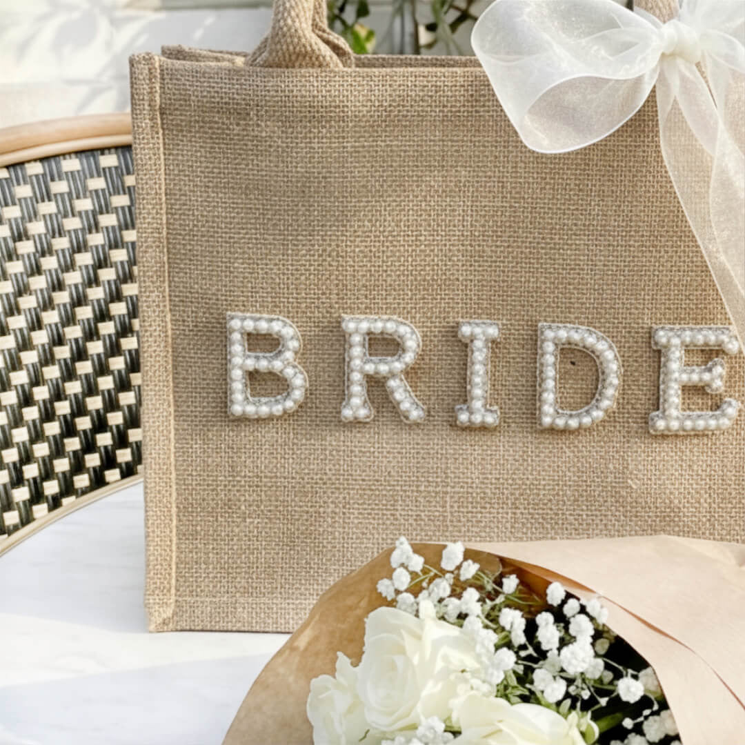 Borsa Sposa, Juta, Scritta in Perle, Fiocco-Modaso
