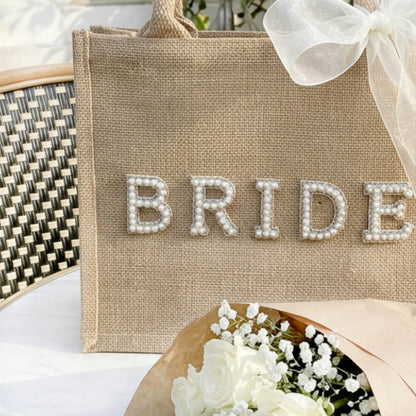 Borsa Sposa, Juta, Scritta in Perle, Fiocco-Modaso
