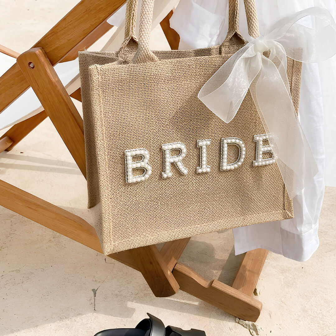 Borsa Sposa, Juta, Scritta in Perle, Fiocco-Modaso