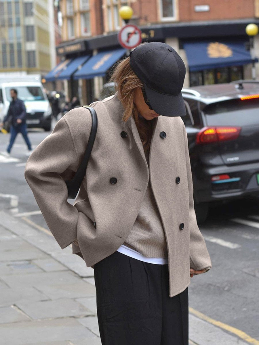 Cappotto Corto Donna, Caban Doppiopetto, Collo Alto, Vestibilità Morbida-Modaso