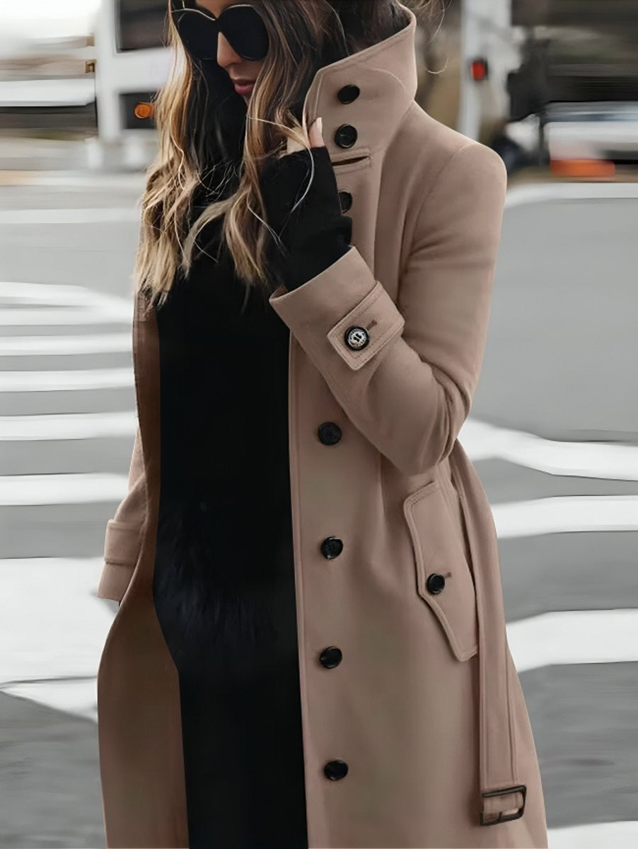 Cappotto Lungo Donna, Cintura in Vita, Collo Alto-Modaso