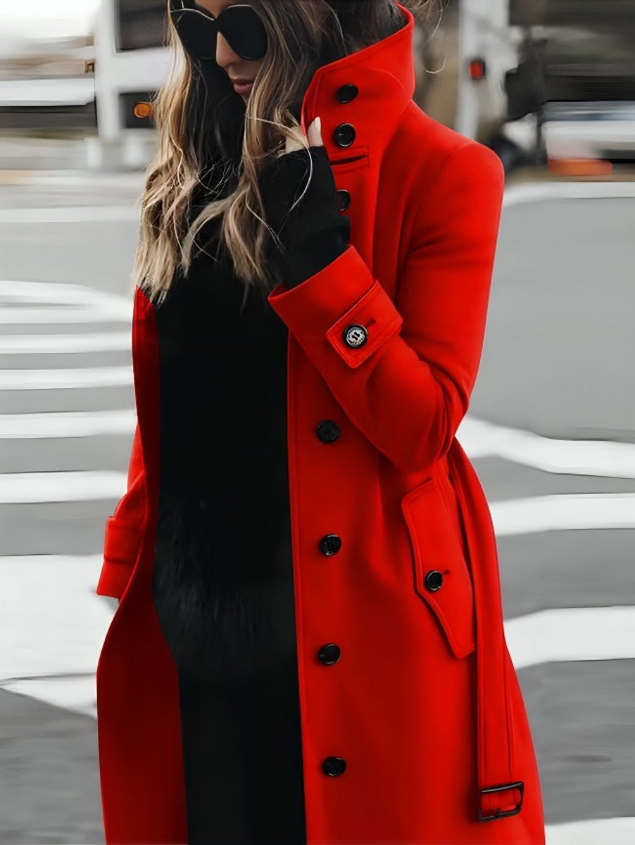 Cappotto Lungo Donna, Cintura in Vita, Collo Alto-Modaso
