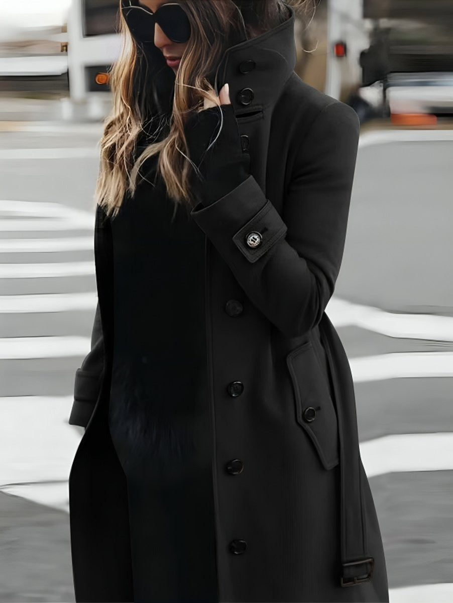 Cappotto Lungo Donna, Cintura in Vita, Collo Alto-Modaso