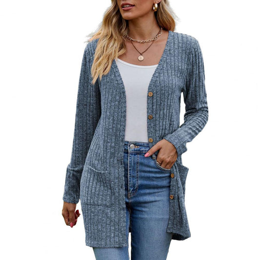 Cardigan Donna, Lungo, Costine, Bottoni, Tasche-Modaso