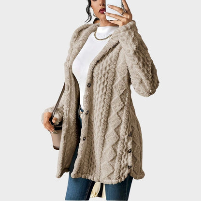 Cardigan Lungo Donna, Peluche, Cappuccio, Bottoni-Modaso