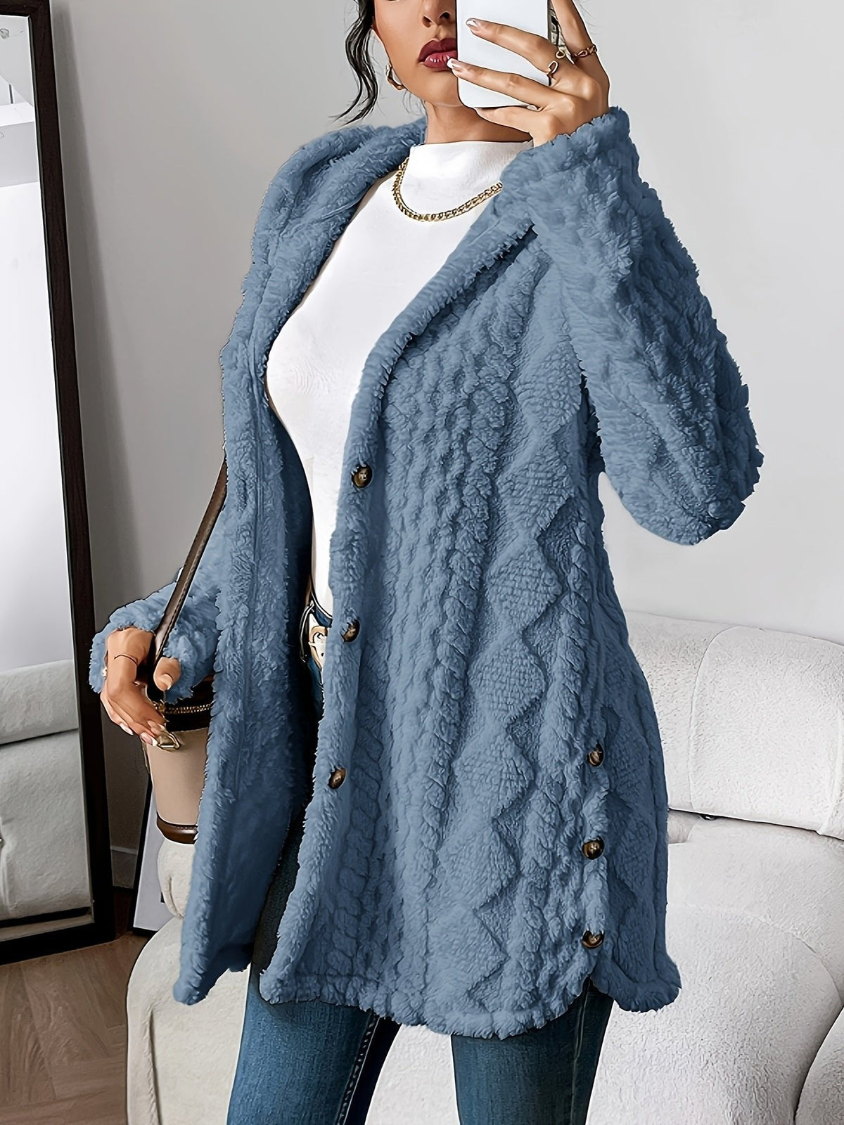 Cardigan Lungo Donna, Peluche, Cappuccio, Bottoni-Modaso