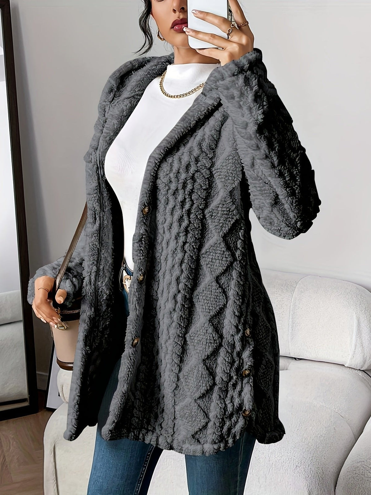 Cardigan Lungo Donna, Peluche, Cappuccio, Bottoni-Modaso