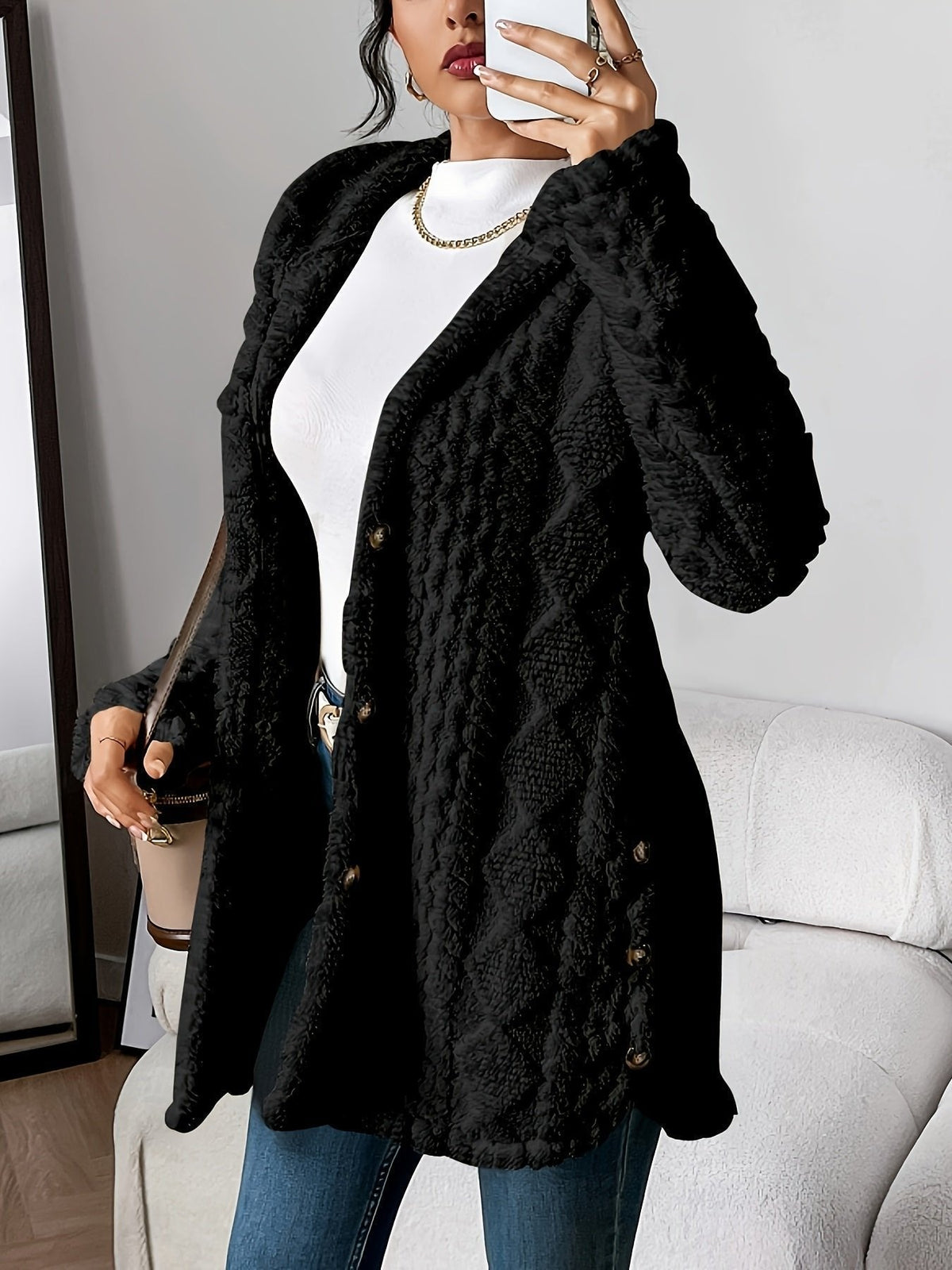 Cardigan Lungo Donna, Peluche, Cappuccio, Bottoni-Modaso