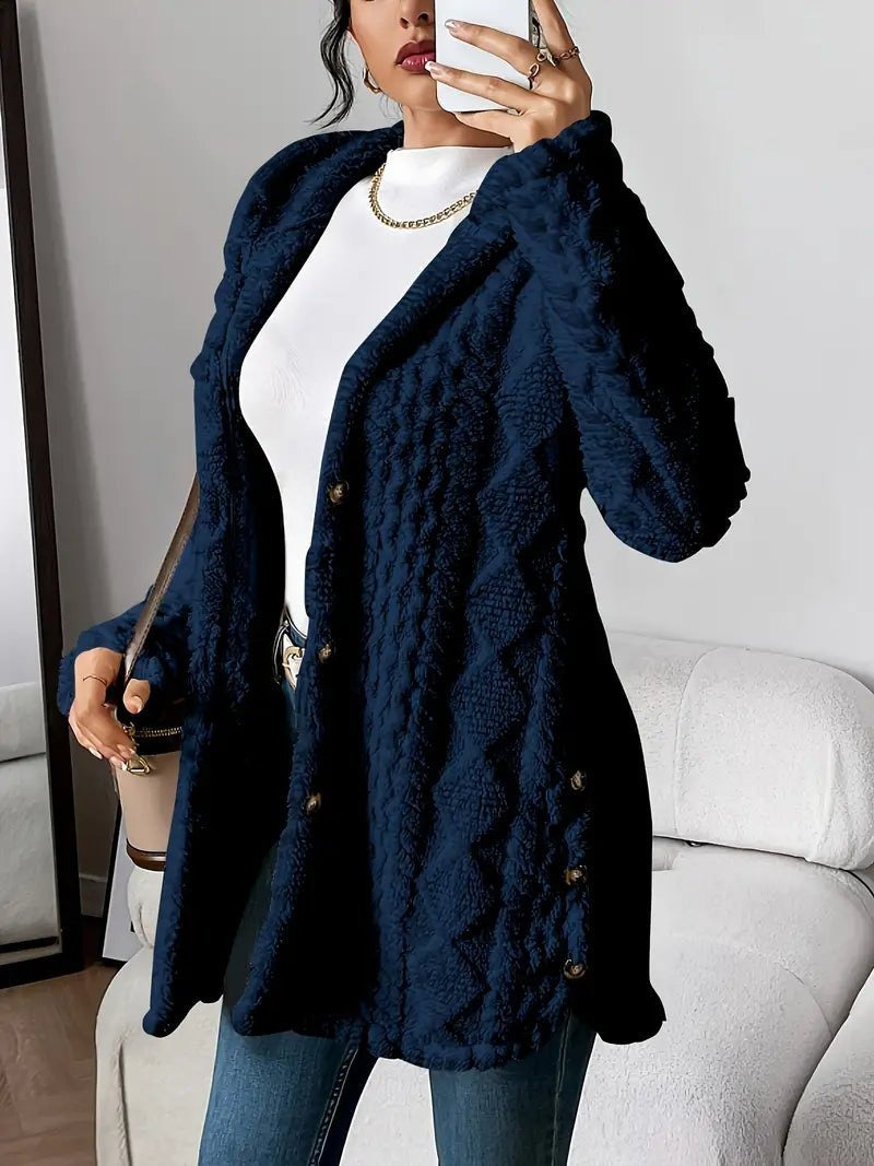 Cardigan Lungo Donna, Peluche, Cappuccio, Bottoni-Modaso