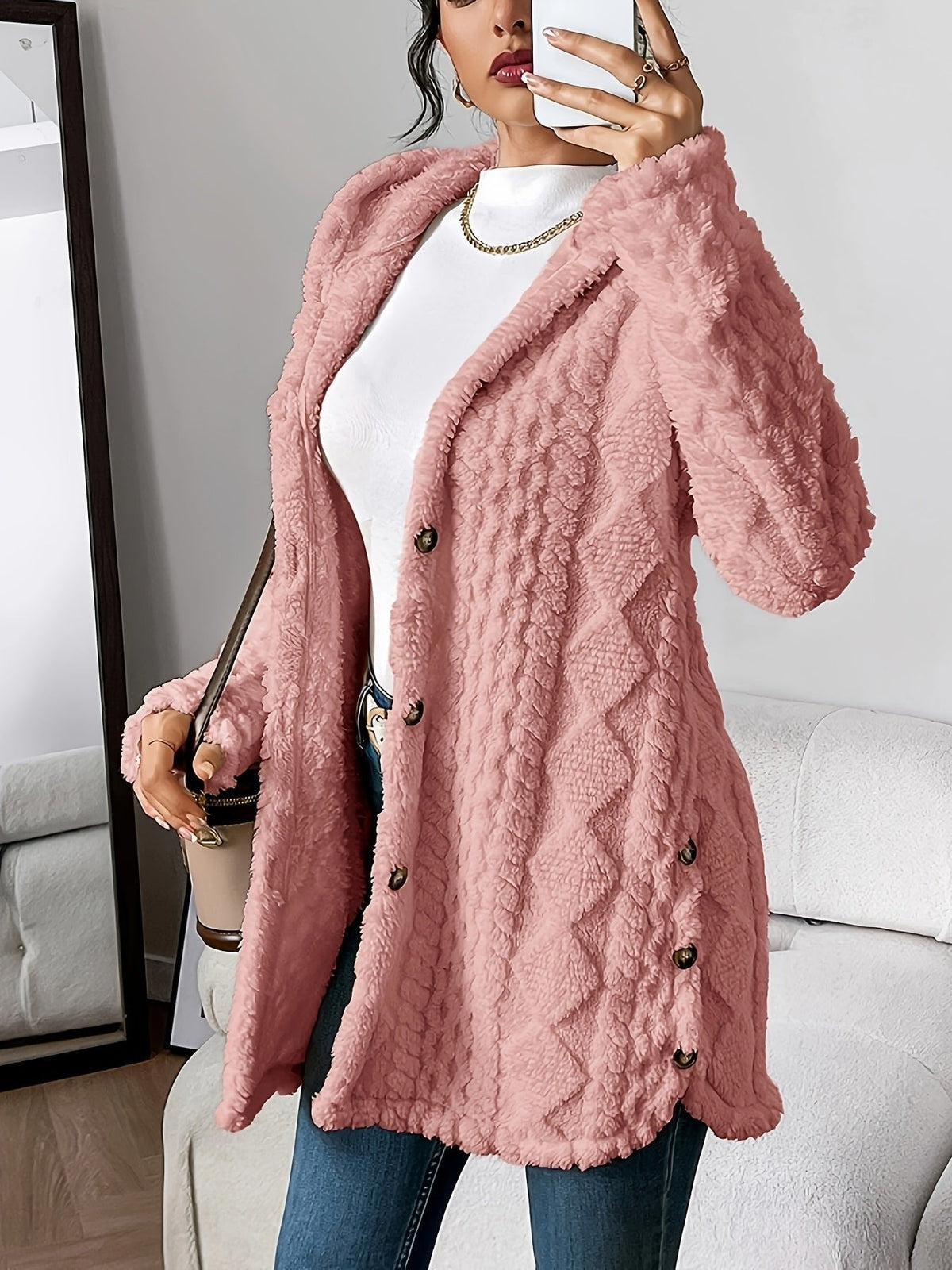 Cardigan Lungo Donna, Peluche, Cappuccio, Bottoni-Modaso