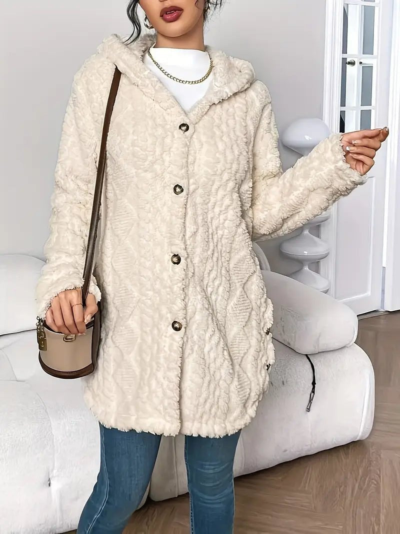 Cardigan Lungo Donna, Peluche, Cappuccio, Bottoni-Modaso