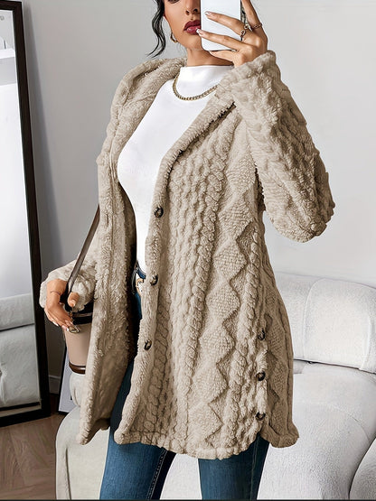 Cardigan Lungo Donna, Peluche, Cappuccio, Bottoni-Modaso