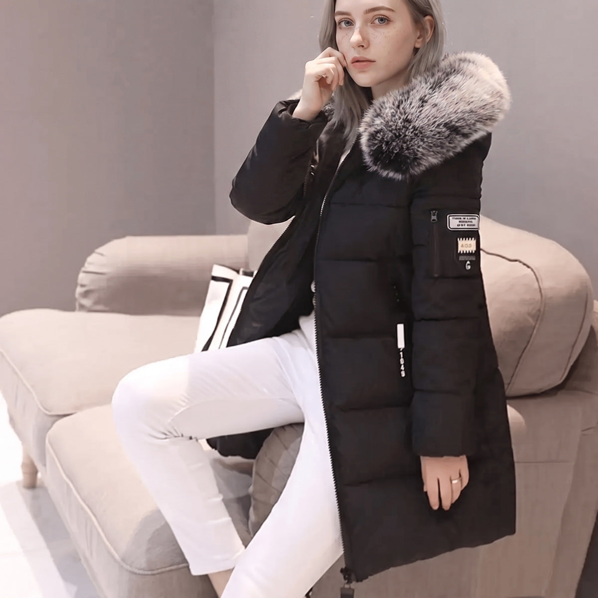 Giubbotto Donna con Pelliccia Ecologica, Cappuccio, Mezza Lunghezza-Modaso