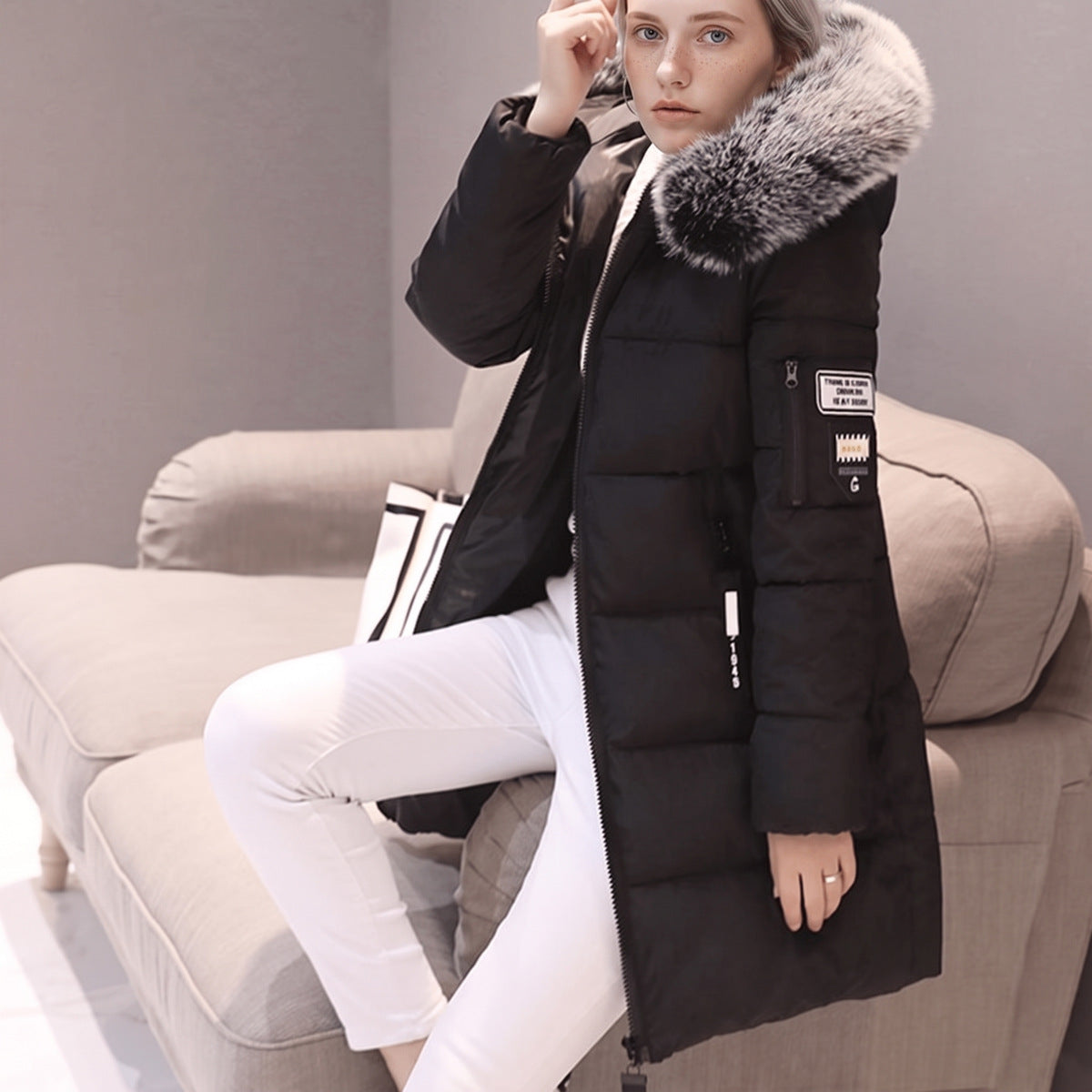 Giubbotto Donna con Pelliccia Ecologica, Cappuccio, Mezza Lunghezza-Modaso