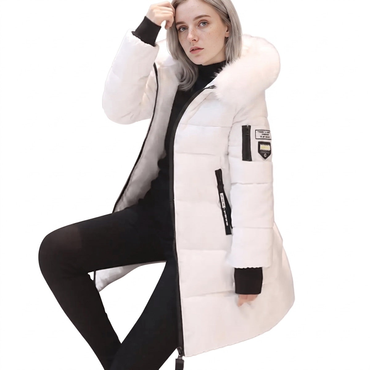 Giubbotto Donna con Pelliccia Ecologica, Cappuccio, Mezza Lunghezza-Modaso