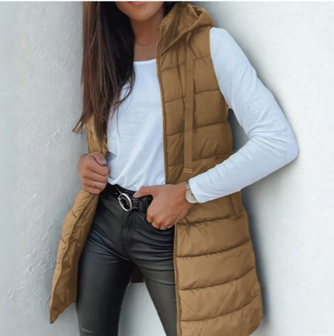 Gilet Donna, Lungo, Imbottito, Cappuccio, Senza Maniche-Modaso