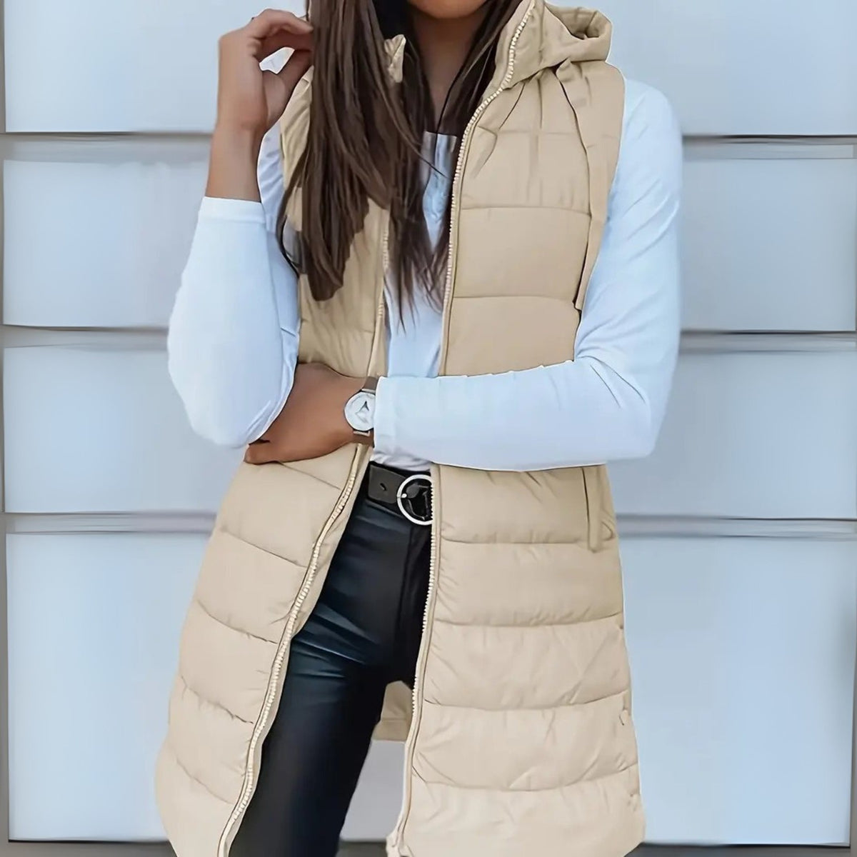 Gilet Donna, Lungo, Imbottito, Cappuccio, Senza Maniche-Modaso