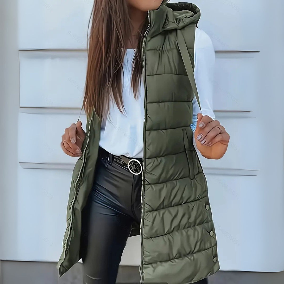 Gilet Donna, Lungo, Imbottito, Cappuccio, Senza Maniche-Modaso