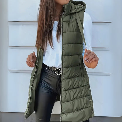 Gilet Donna, Lungo, Imbottito, Cappuccio, Senza Maniche-Modaso