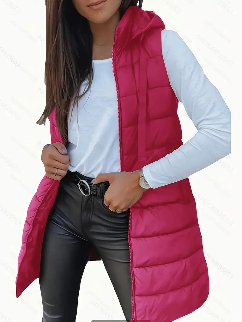 Gilet Donna, Lungo, Imbottito, Cappuccio, Senza Maniche-Modaso