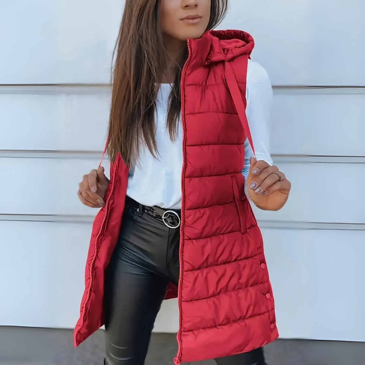 Gilet Donna, Lungo, Imbottito, Cappuccio, Senza Maniche-Modaso
