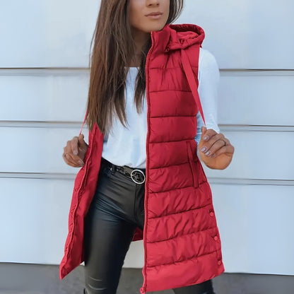 Gilet Donna, Lungo, Imbottito, Cappuccio, Senza Maniche-Modaso