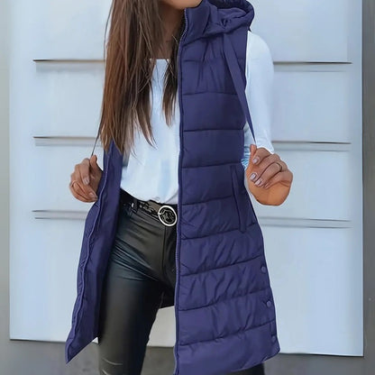 Gilet Donna, Lungo, Imbottito, Cappuccio, Senza Maniche-Modaso