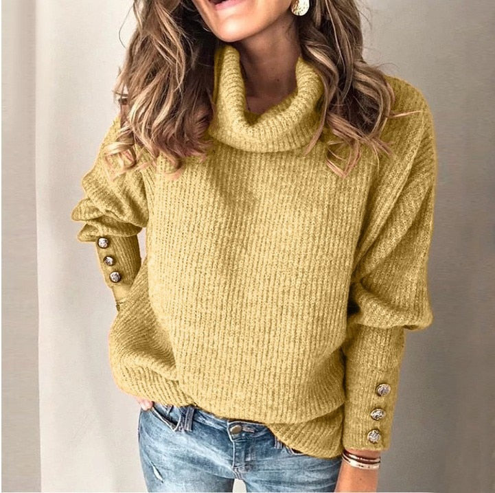 Maglione Donna, Collo Alto, Bottoni sul Polsino, Oversize-Modaso