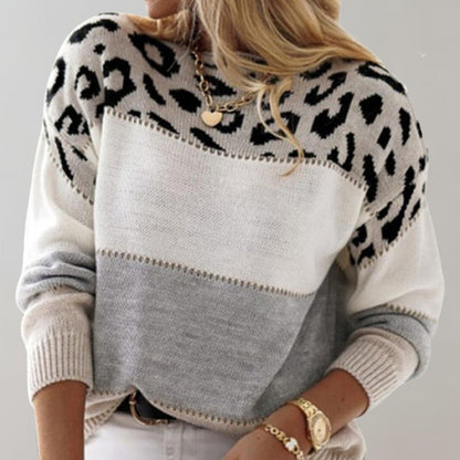 Maglione Leopardato, Donna, Color Block, Girocollo-Modaso