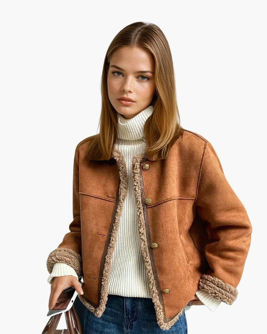 Montone Ecologico Donna, Camoscio, Bordo in Pelo, Bottoni Dorati-Modaso