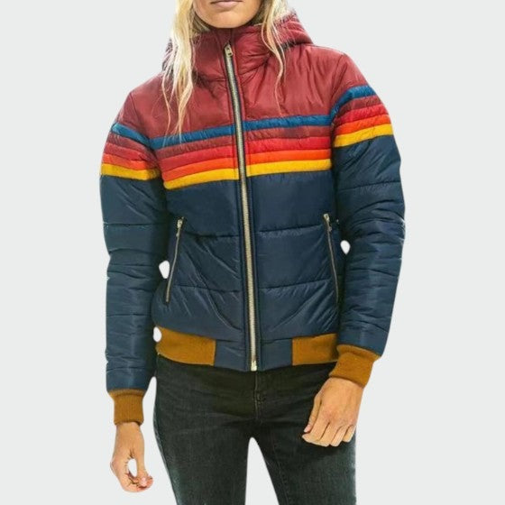 Piumino Donna, Corto, Cappuccio, Righe Arcobaleno-Modaso