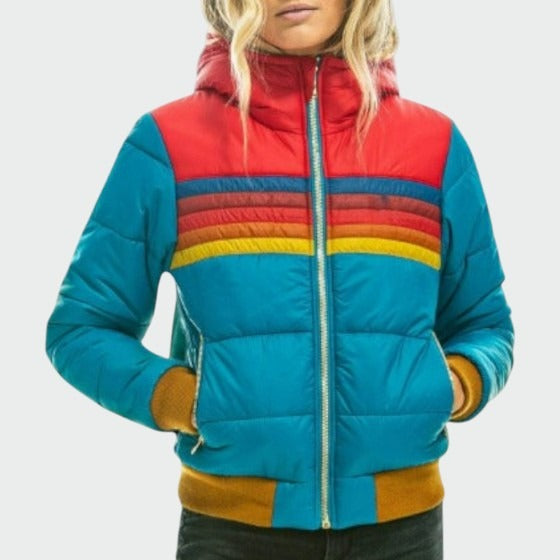 Piumino Donna, Corto, Cappuccio, Righe Arcobaleno-Modaso