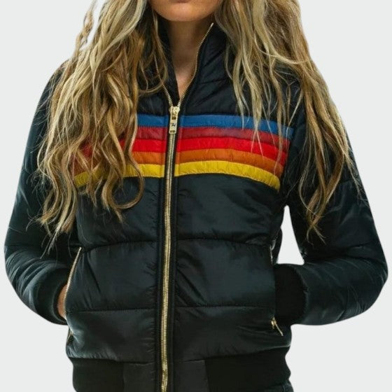 Piumino Donna, Corto, Cappuccio, Righe Arcobaleno-Modaso