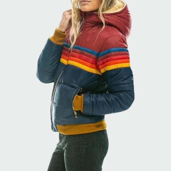 Piumino Donna, Corto, Cappuccio, Righe Arcobaleno-Modaso