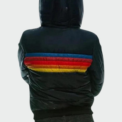 Piumino Donna, Corto, Cappuccio, Righe Arcobaleno-Modaso