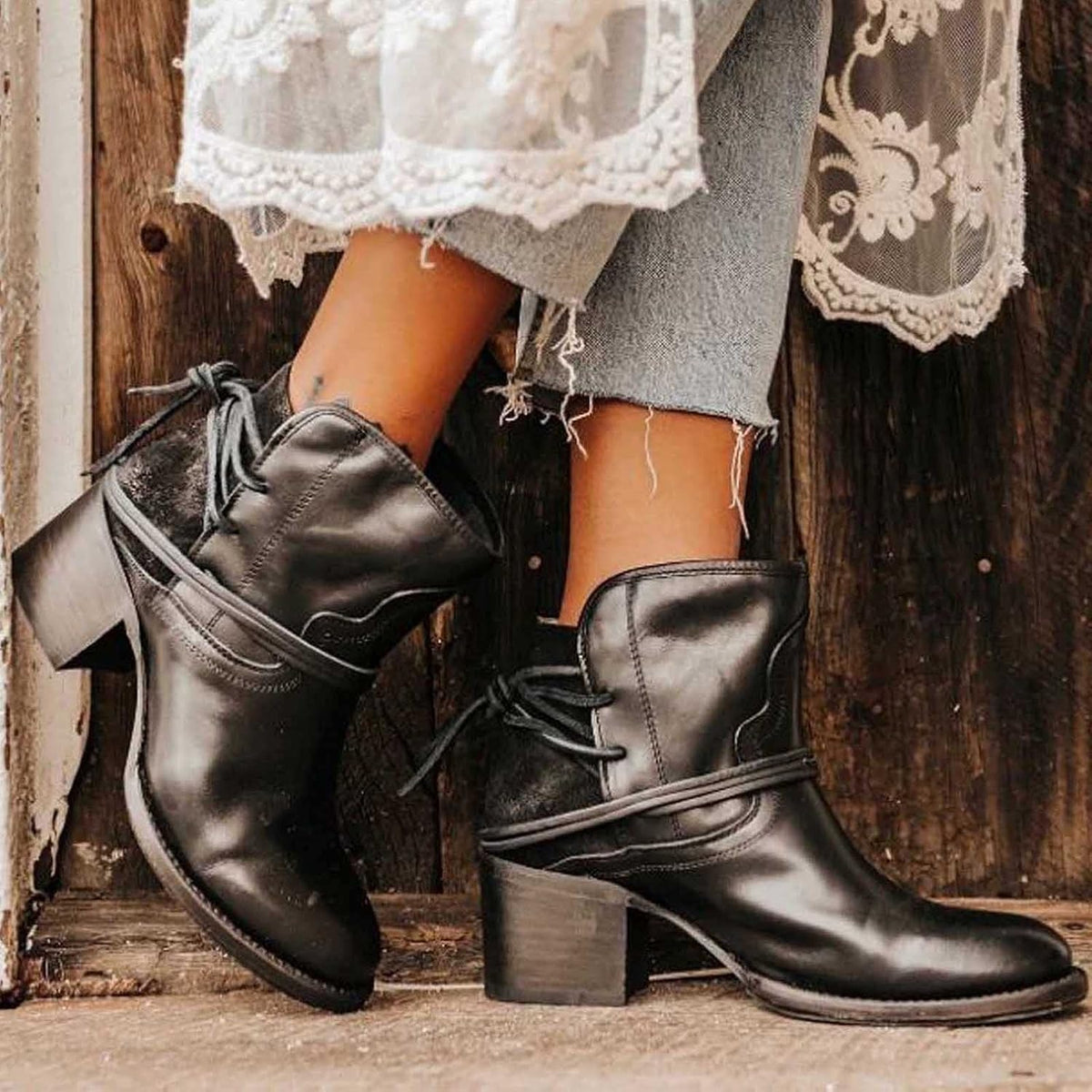 Stivaletti Western Donna, Lacci Avvolgenti, Tacco Largo-Modaso