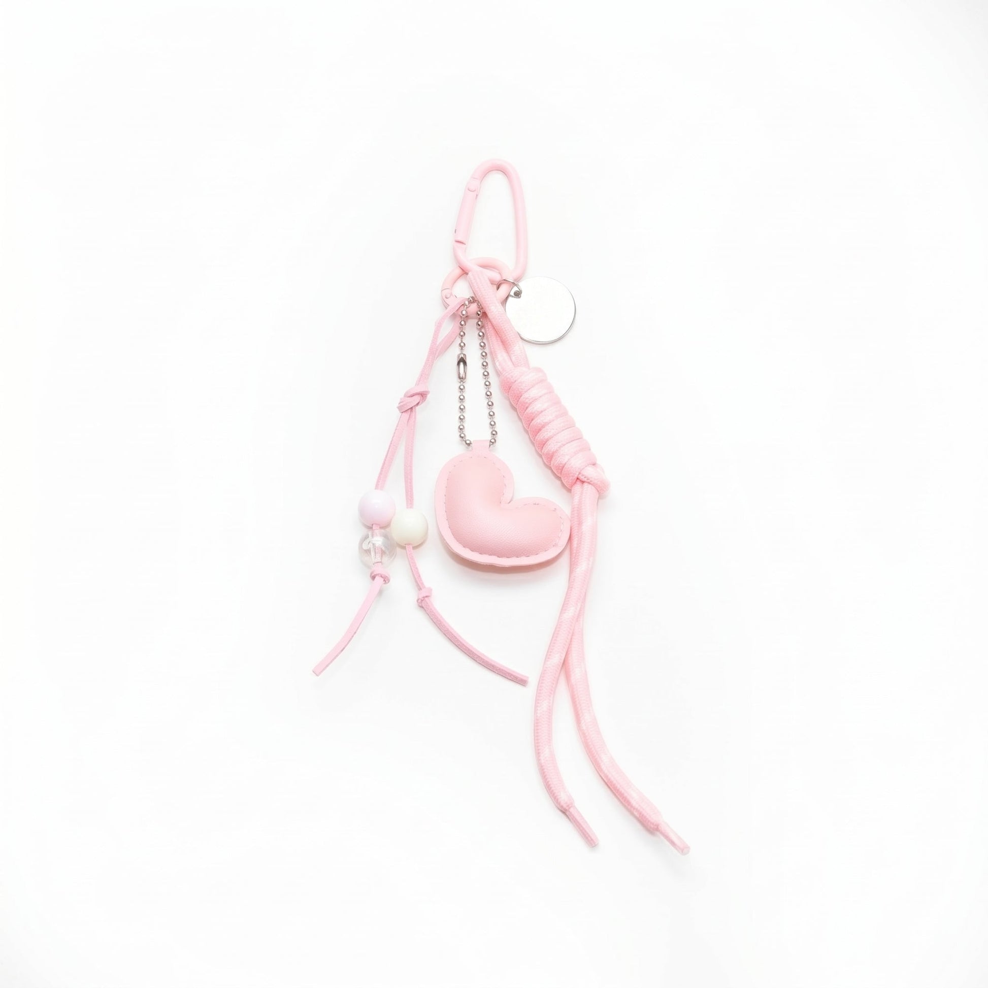 Ciondolo per borsa a cuore rosa con cordino e perline