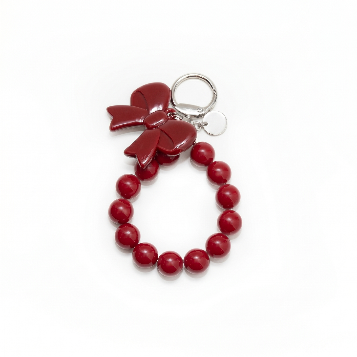 Ciondolo per borsa con anello di perline rosse e fiocco rosso lucido