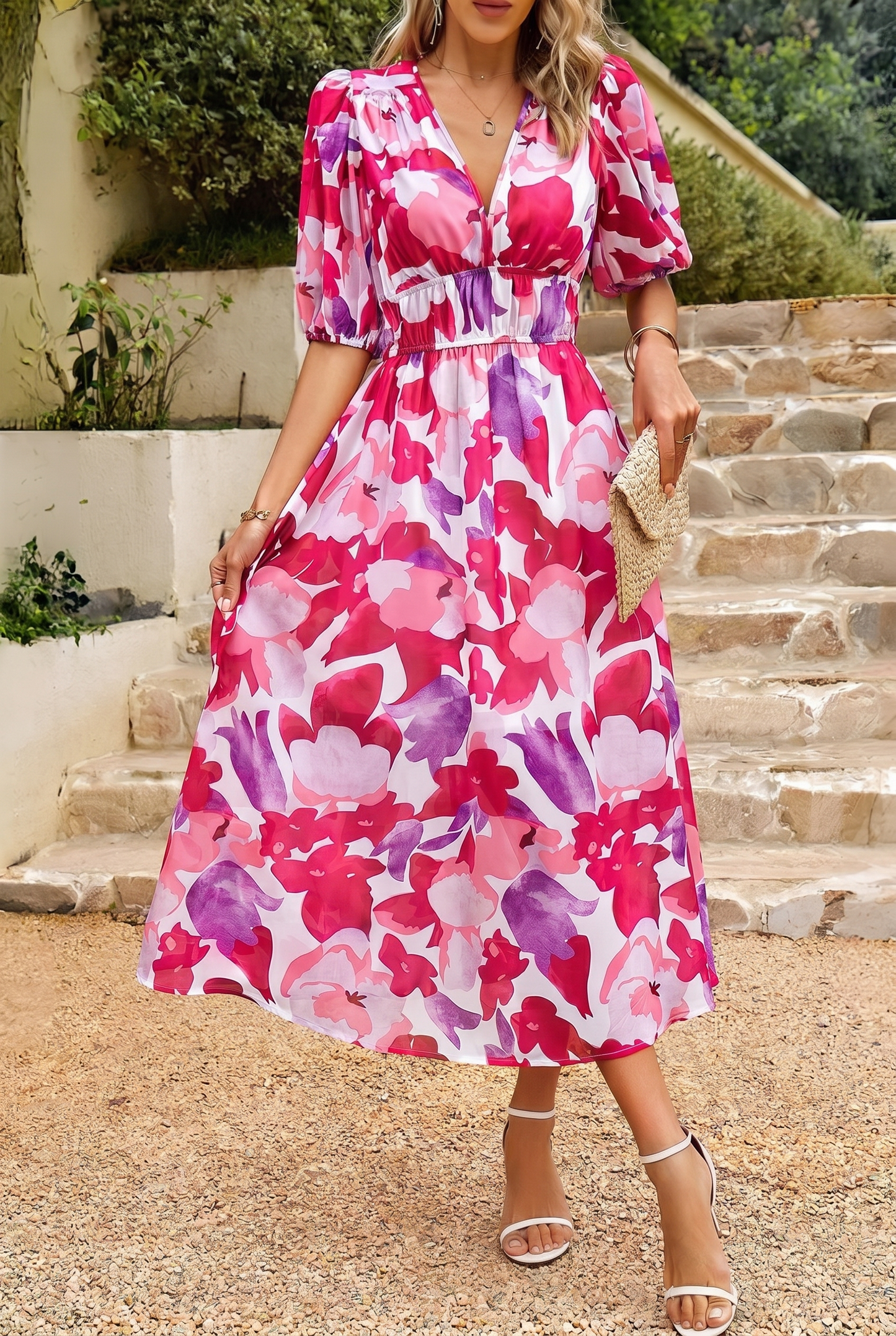 Abito da donna pink floral puff sleeve midi summer dress