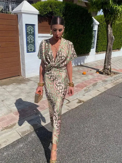 Vestito Lungo Donna, Raso Fantasia, Scollo a V-Modaso