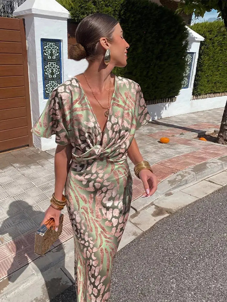 Vestito Lungo Donna, Raso Fantasia, Scollo a V-Modaso